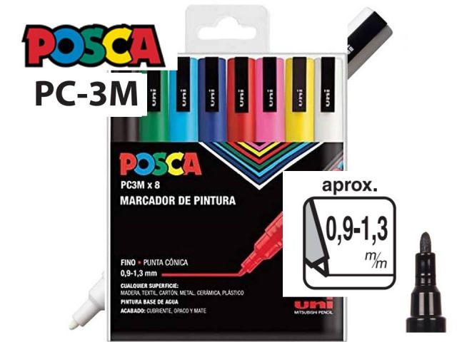 UNI POSCA MARCADOR 0,9-1,3mm PC-3M ESTUCHE 8 COLORES