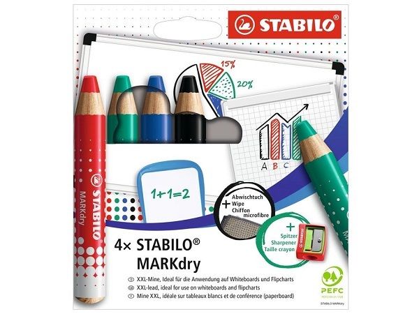 STABILO MARKdry KIT 4 LAPICES `PAÑO+SACAPUNTAS 648/4